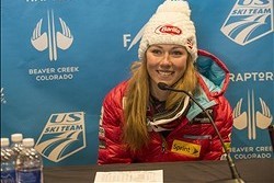 Dec 1, 2013; Beaver Creek, CO, USA; Mikaela Shiffrin (USA) at the press conference after coming in second during the women's giant slalom at the FIS alpine skiing World Cup at Beaver Creek Mountain. Mandatory Credit: Paul Bussi-USA TODAY Sports