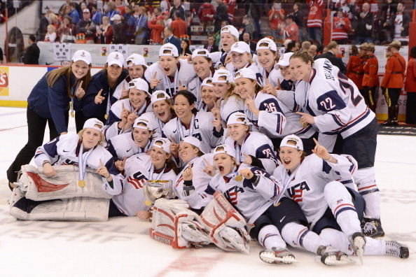 OTTAWA, CANADA - APRIL 9:  Members of Team USA pose for a team photo after defeating Team Canada during the IIHF Womens World Championship Gold Medal Game at Scotiabank Place on April 9, 2013 in Ottawa, Ontario, Canada.  # of Team USA defeated Team Canada