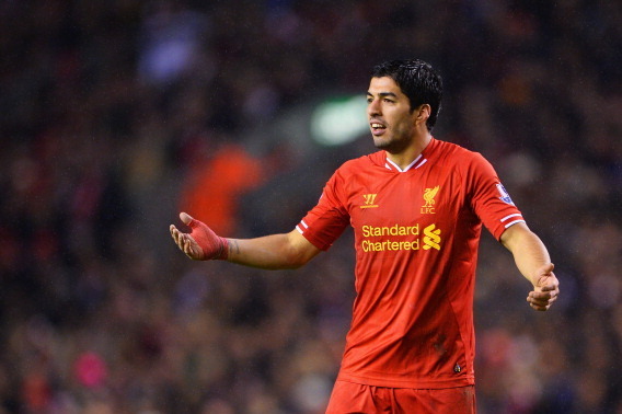 LIVERPOOL, ENGLAND - JANUARY 18:  Luis Suarez of Liverpool gestures after the Barclays Premier League match between Liverpool and Aston Villa at Anfield on January 18, 2014 in Liverpool, England.  (Photo by Michael Regan/Getty Images)