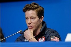 Feb 5, 2014; Krasnaya Polyana, RUSSIA; Shaun White speaks during the USA Snowboarding Halfpipe Press Conference at Gorki Media Center. Mandatory Credit: Andrew P. Scott-USA TODAY Sports