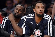 Nov 10, 2013; Los Angeles, CA, USA;  Minnesota Timberwolves small forward Shabazz Muhammad (15) and power forward Derrick Williams (7) on the bench in the first half of the game against the Los Angeles Lakers at Staples Center. Mandatory Credit: Jayne Kam