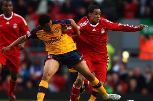 LIVERPOOL, ENGLAND - MAY 26:  Tom Ince of Liverpool battles with Francis Coquelin  of Arsenal during the second leg of the FA Youth Cup final sponsored by E.ON, between Liverpool and Arsenal at Anfield on May 26, 2009 in Liverpool, England.  (Photo by Jam