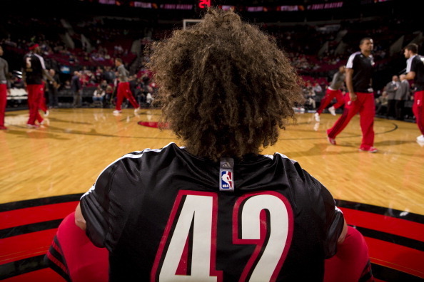 PORTLAND, OR - DECEMBER 2:  Robin Lopez #42 of the Portland Trail Blazers warms up before the game against the Indiana Pacers on December 2, 2013 at the Moda Center Arena in Portland, Oregon. NOTE TO USER: User expressly acknowledges and agrees that, by d