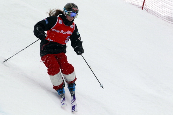 MEGEVE, FRANCE - MARCH 18: (FRANCE OUT) Chloe Dufour-Lapointe of Canada takes 3rd place during the FIS Freestyle Ski World Cup Moguls on March 18, 2012 in Megeve, France. (Photo by Christophe Pallot/Agence Zoom/Getty Images)