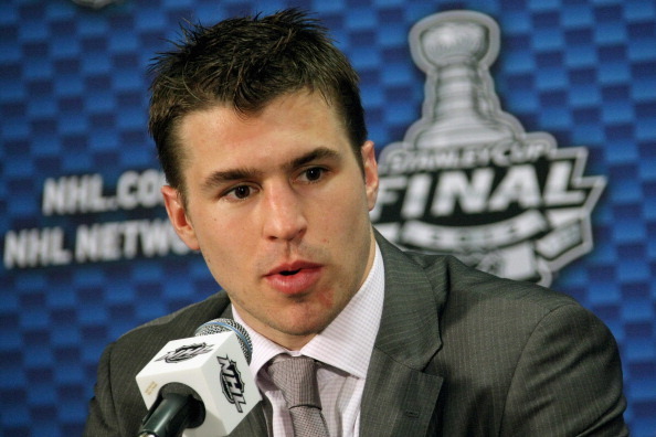 NEWARK, NJ - JUNE 09:  Zach Parise #9 of the New Jersey Devils speaks to the media after his team defeated the Los Angeles Kings 2-1 in Game Five of the 2012 Stanley Cup Final at the Prudential Center on June 9, 2012 in Newark, New Jersey.  (Photo by Dave