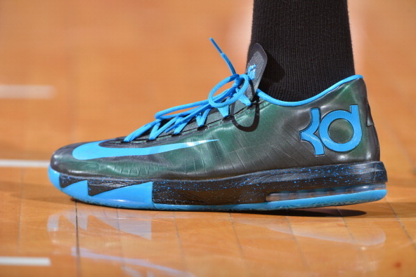 PHILADELPHIA, PA - JANUARY 25:  The shoes of Kevin Durant #35 of the Oklahoma City Thunder during the game against the Philadelphia 76ers at the Wells Fargo Center on January 25, 2014 in Philadelphia, Pennsylvania. NOTE TO USER: User expressly acknowledge