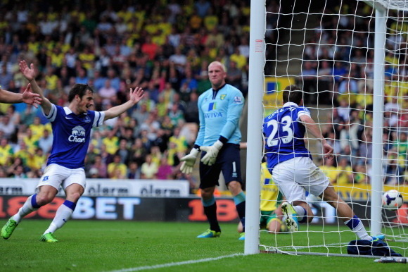 NORWICH, ENGLAND - AUGUST 17:  Seamus Coleman of Everton celebrates his goal during the Barclays Premier League match between Norwich City and Everton at Carrow Road on August 17, 2013 in Norwich, England.  (Photo by Jamie McDonald/Getty Images)