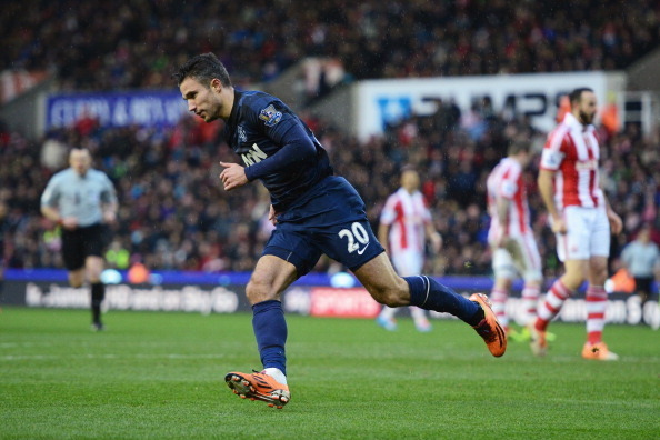 STOKE ON TRENT, ENGLAND - FEBRUARY 01:  Robin van Persie of Manchester United celebrates his goal during the Barclays Premier League match between Stoke City and Manchester United at Britannia Stadium on February 1, 2014 in Stoke on Trent, England.  (Phot