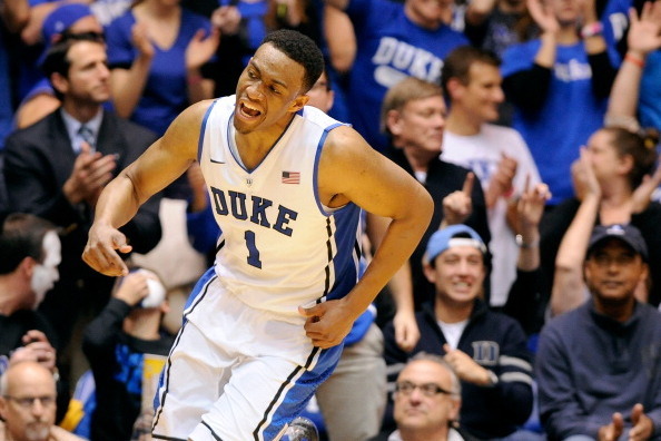 DURHAM, NC - FEBRUARY 04:  Jabari Parker #1 of the Duke Blue Devils reacts during their win against the Wake Forest Demon Deacons at Cameron Indoor Stadium on February 4, 2014 in Durham, North Carolina. Duke won 83-63.  (Photo by Grant Halverson/Getty Ima