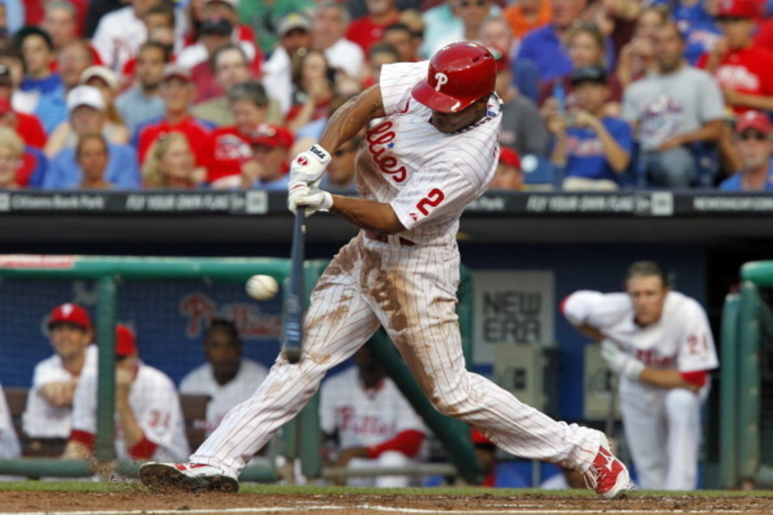 PHILADELPHIA - JULY 8: Ben Revere #2 of the Philadelphia Phillies singles in the first inning during a game against the Washington Nationals at Citizens Bank Park on July 8, 2013 in Philadelphia, Pennsylvania. (Photo by Hunter Martin/Getty Images)