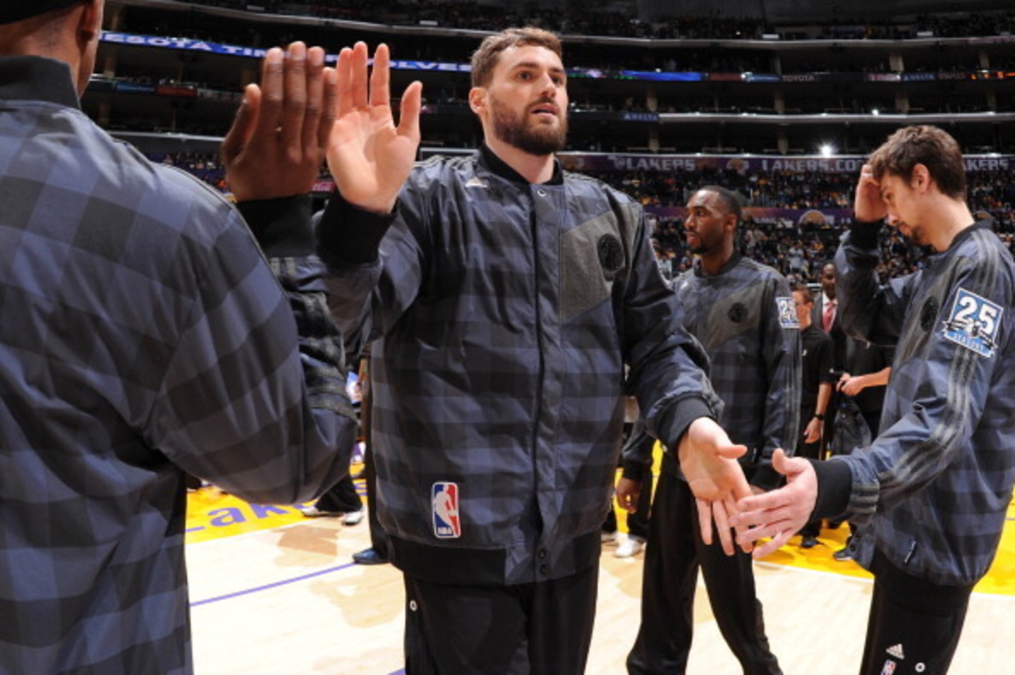 LOS ANGELES, CA - DECEMBER 20: Kevin Love #42 of the Minnesota Timberwolves is introduced in the starting lineups before facing the Los Angeles Lakers at Staples Center on December 20, 2013 in Los Angeles, California. NOTE TO USER: User expressly acknowle LOS ANGELES, CA - DECEMBER 20: Kevin Love #42 of the Minnesota Timberwolves is introduced in the starting lineups before facing the Los Angeles Lakers at Staples Center on December 20, 2013 in Los Angeles, California. NOTE TO USER: User expressly acknowle