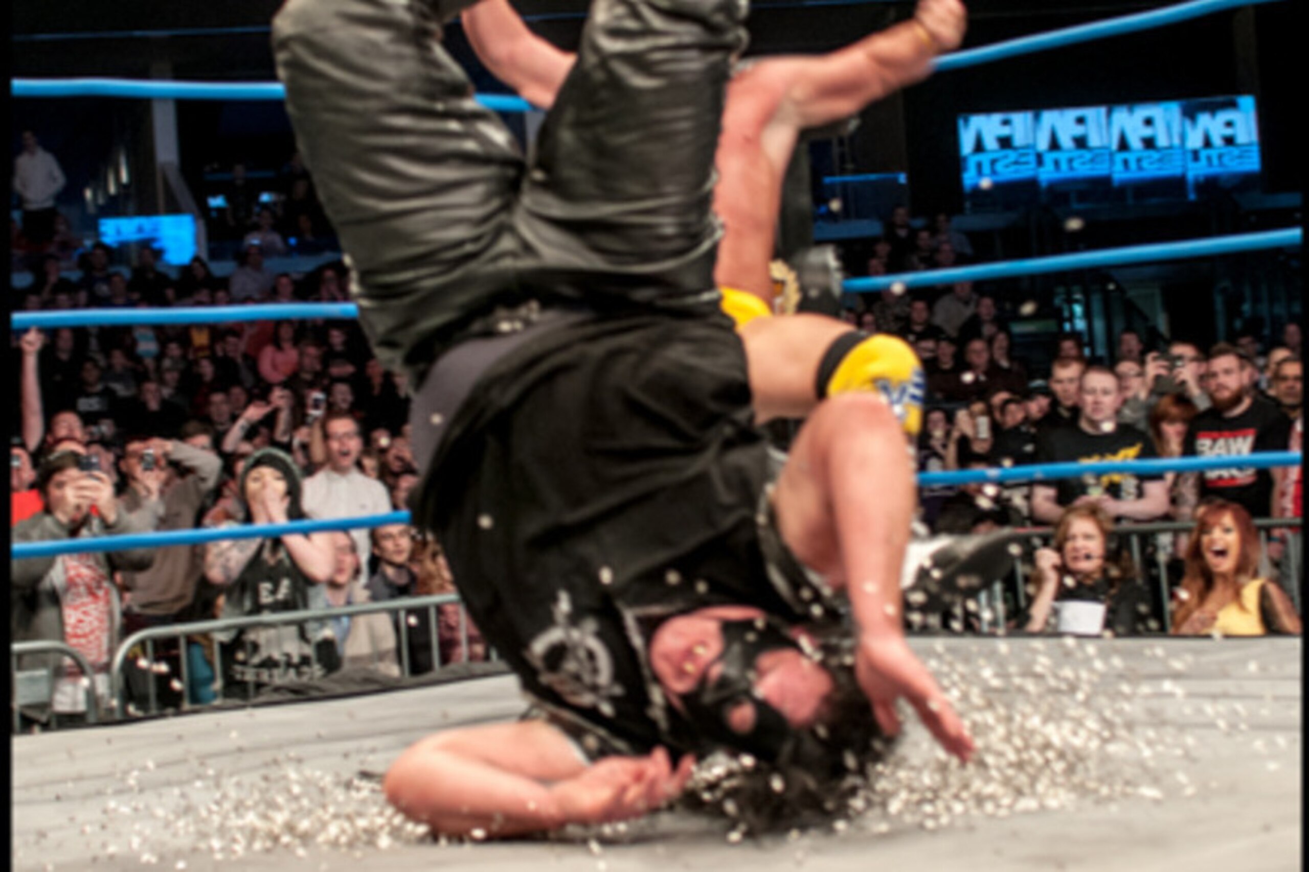 Ouch! Abyss gets slammed onto the tacks. Ouch! Abyss gets slammed onto the tacks.