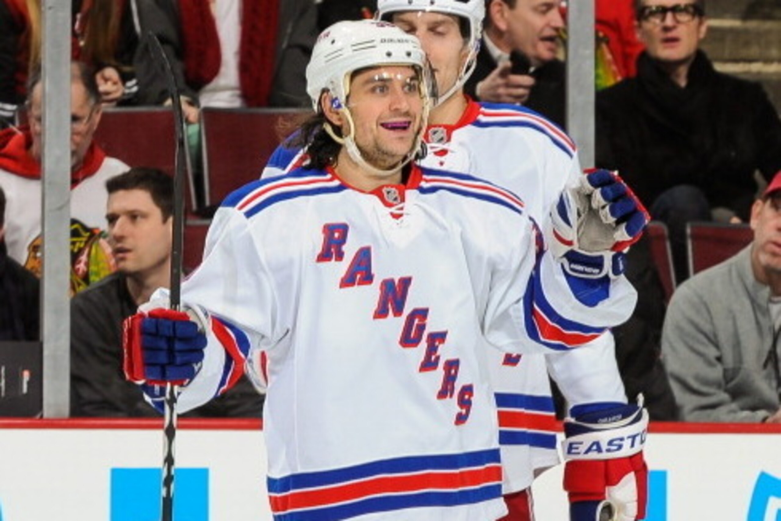 CHICAGO, IL - JANUARY 8:  Mats Zuccarello #36 of the New York Rangers reacts after scoring against the Chicago Blackhawks in the first period during the NHL game on January 08, 2014 at the United Center in Chicago, Illinois. (Photo by Bill Smith/NHLI via 