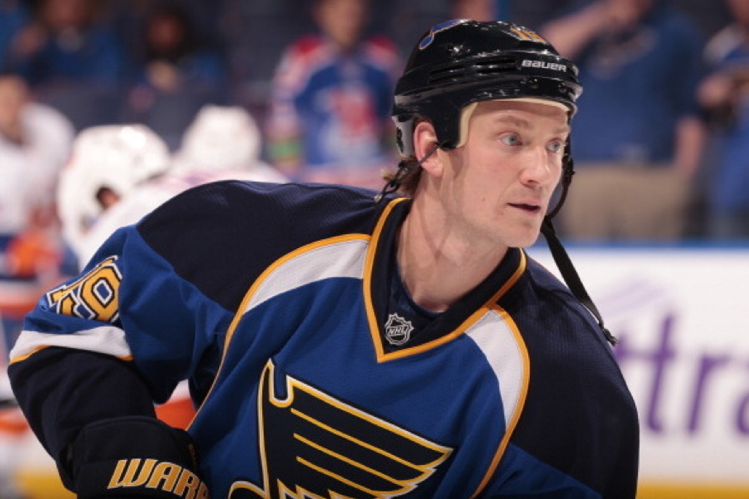 ST. LOUIS, MO - DECEMBER 05: Jay Bouwmeester #19 of the St. Louis Blues warms up prior to an NHL game against the New York Islanders on December 5, 2013 at Scottrade Center in St. Louis, Missouri. (Photo by Mark Buckner/NHLI via Getty Images)