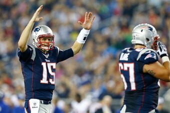 FOXBORO, MA - AUGUST 29: Ryan Mallett #15 of the New England Patriots celebrates following a touchdown in the second quarter against the New York Giants during the preseason game at Gillette Stadium on August 29, 2013 in Foxboro, Massachusetts. (Photo by 