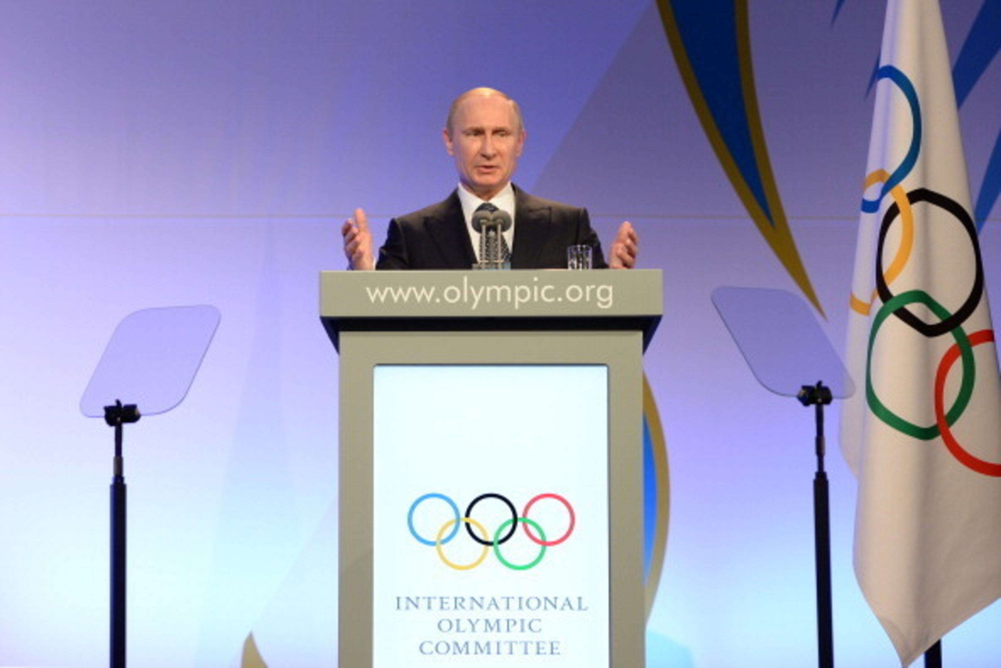 SOCHI, RUSSIA - FEBRUARY 06:  Russian President Vladimir Putin delivers his speech at the International Olympic Committee (IOC) Gala Dinner on the eve of the Sochi 2014 Winter Olympics on February 6, 2014 in Sochi, Russia.  (Photo by Andrej Isakovic - Poo