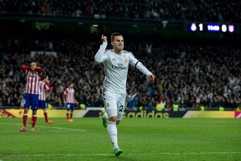 MADRID, SPAIN - FEBRUARY 05:  Jese Rodriguez of Real Madrid CF jumps celebrating scoring their second goal during the Copa del Rey semifinal first leg match between Real Madrid CF and Club Atletico Madrid at Estadio Santiago Bernabeu on February 5, 2014 i