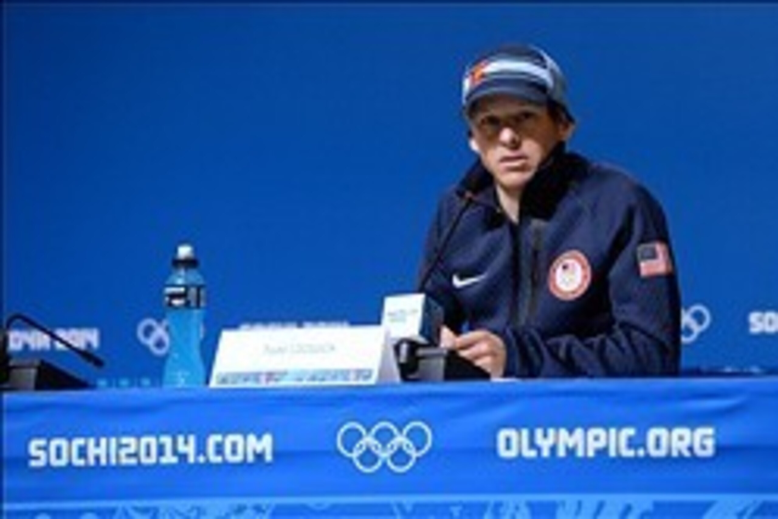 Feb 6, 2014; Sochi, RUSSIA; USA flag bearer Todd Lodwick speaks at a press conference at the Main Press Center in advance of the Sochi 2014 Olympic Winter Games. Mandatory Credit: Jayne Kamin-Oncea-USA TODAY Sports