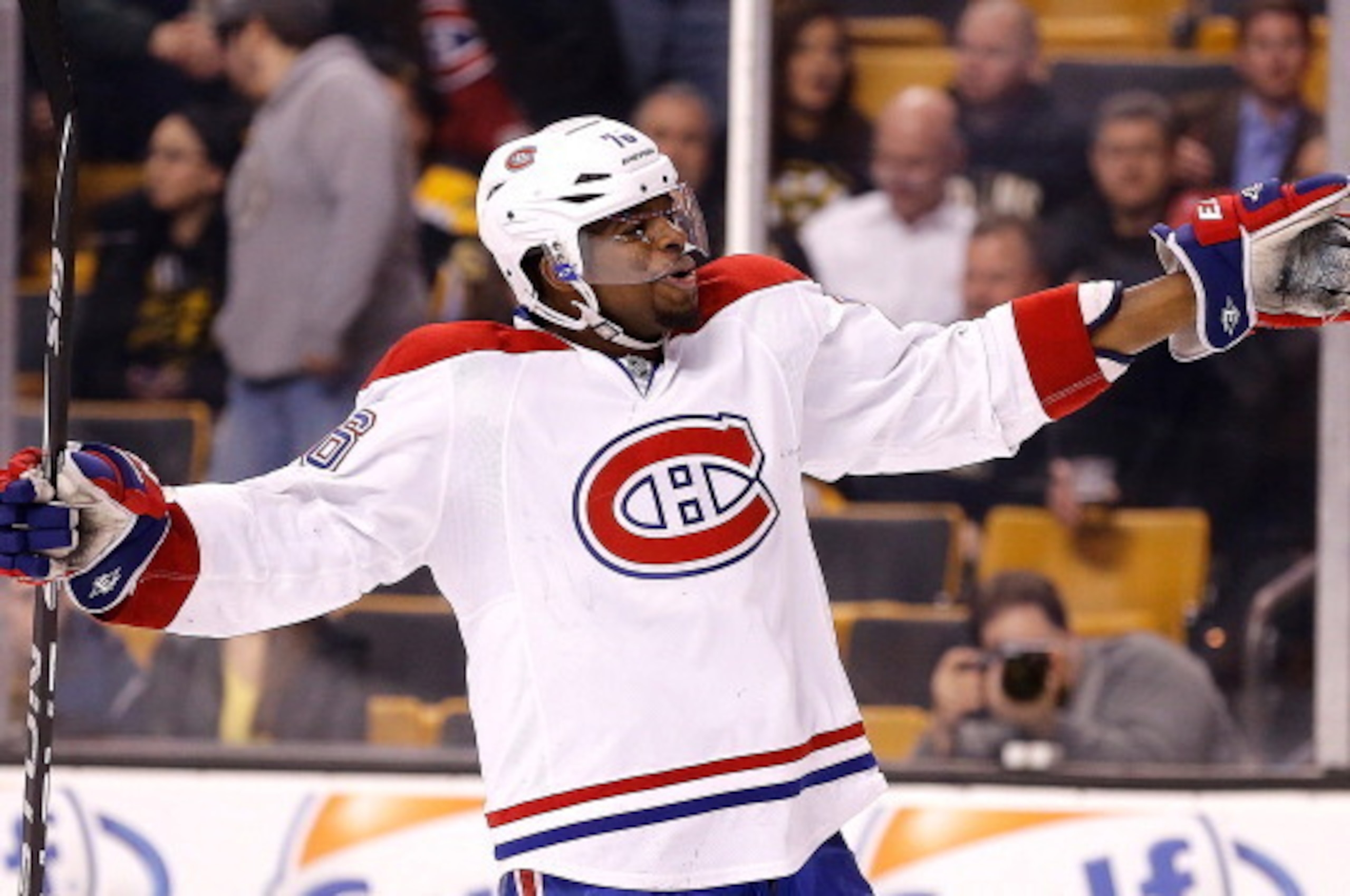 BOSTON, MA - JANUARY 30:  P.K. Subban #76 of the Montreal Canadiens celebrates after defeating the Boston Bruins 4-1 at TD Garden on January 30, 2014 in Boston, Massachusetts.  (Photo by Jim Rogash/Getty Images)