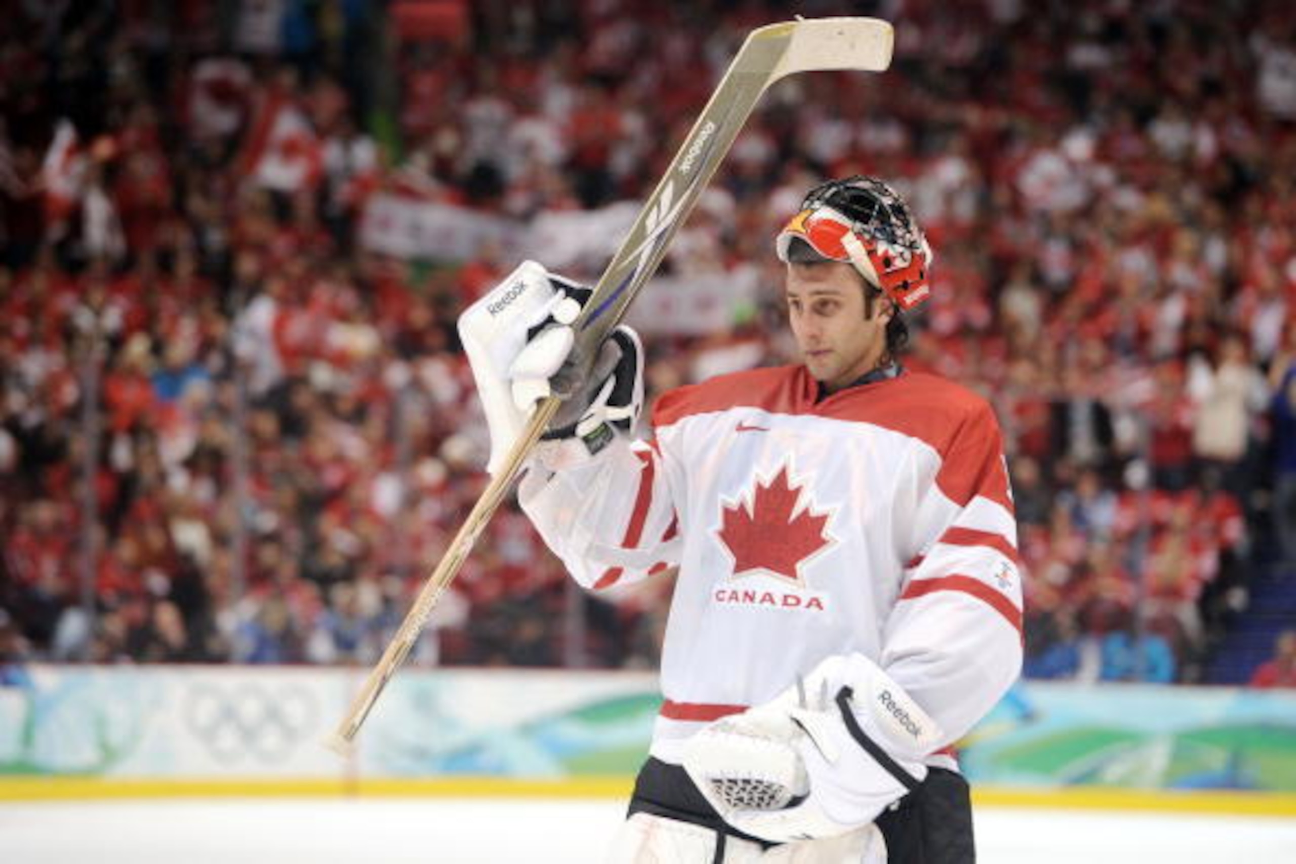 VANCOUVER, BC - FEBRUARY 28:  Roberto Luongo #1 of Canada reacts during the ice hockey men's gold medal game between USA and Canada on day 17 of the Vancouver 2010 Winter Olympics at Canada Hockey Place on February 28, 2010 in Vancouver, Canada.  (Photo b