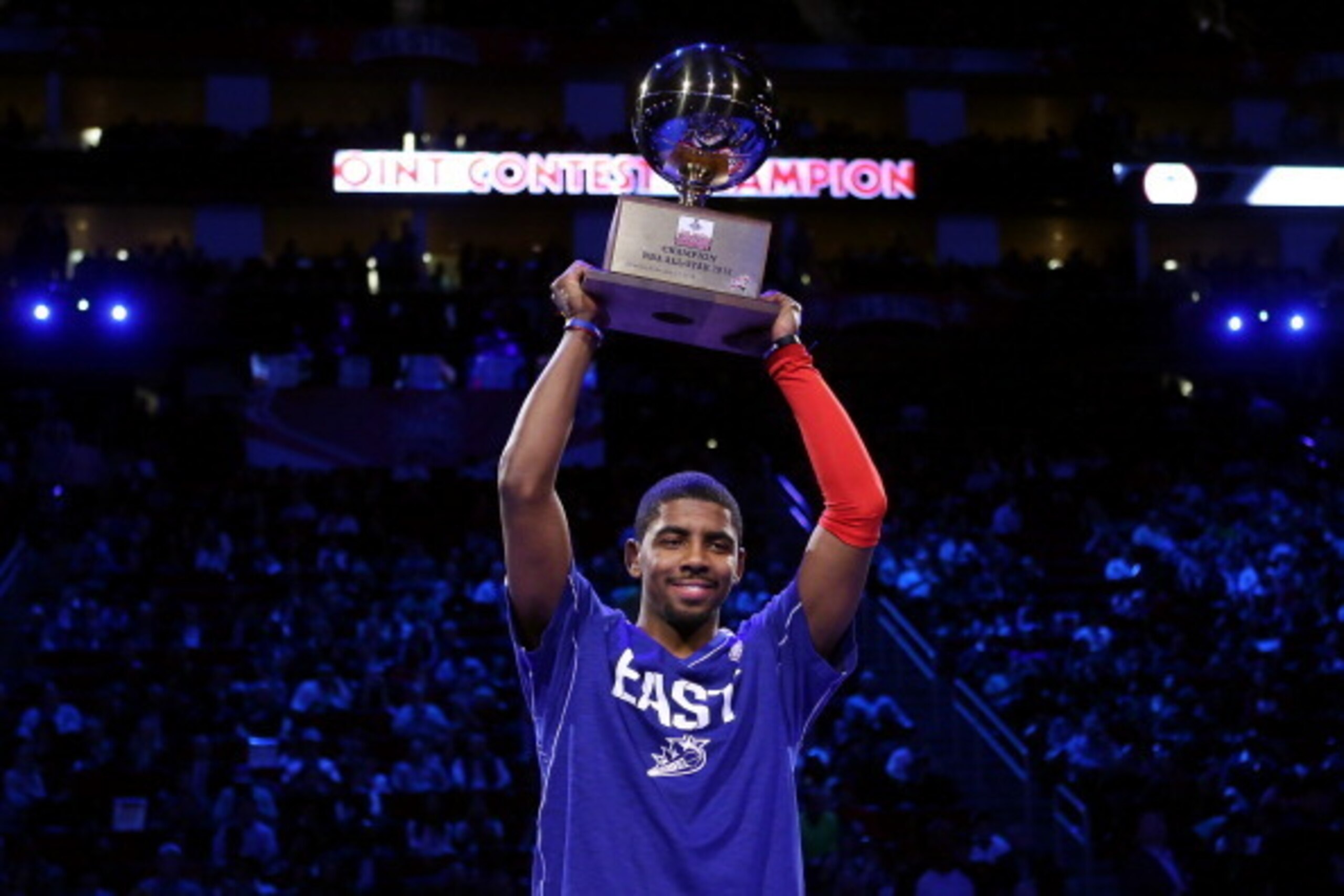 HOUSTON, TX - FEBRUARY 16:  Kyrie Irving of the Cleveland Cavaliers celebrates after winning the Foot Locker Three-Point Contest part of 2013 NBA All-Star Weekend at the Toyota Center on February 16, 2013 in Houston, Texas. NOTE TO USER: User expressly ac