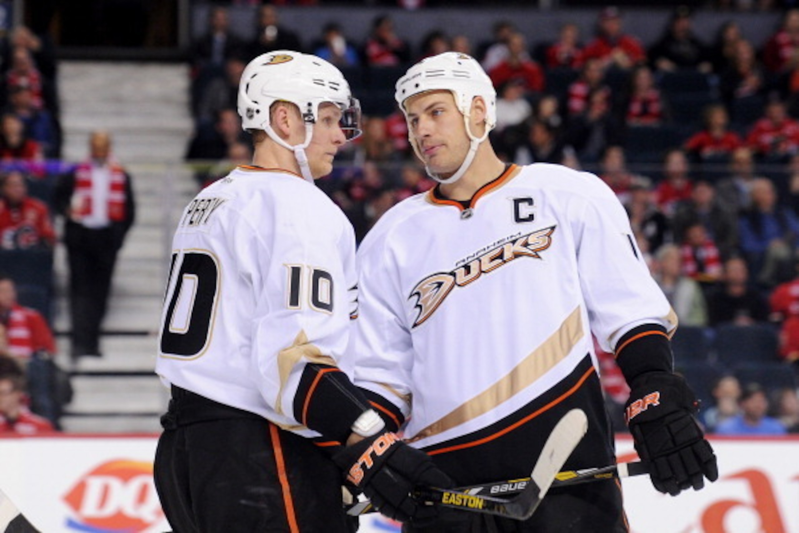 CALGARY, CANADA - APRIL 19: Ryan Getzlaf #15 and Corey Perry #10 of the Anaheim Ducks confer between play during an NHL game against the Calgary Flames at Scotiabank Saddledome on April 19, 2013 in Calgary, Alberta, Canada. (Photo by Derek Leung/Getty Ima