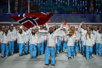 SOCHI, RUSSIA - FEBRUARY 07: Skier Aksel Lund Svindal of the Norway Olympic team carries his country's flag during the Opening Ceremony of the Sochi 2014 Winter Olympics at Fisht Olympic Stadium on February 7, 2014 in Sochi, Russia.  (Photo by Pascal Le S