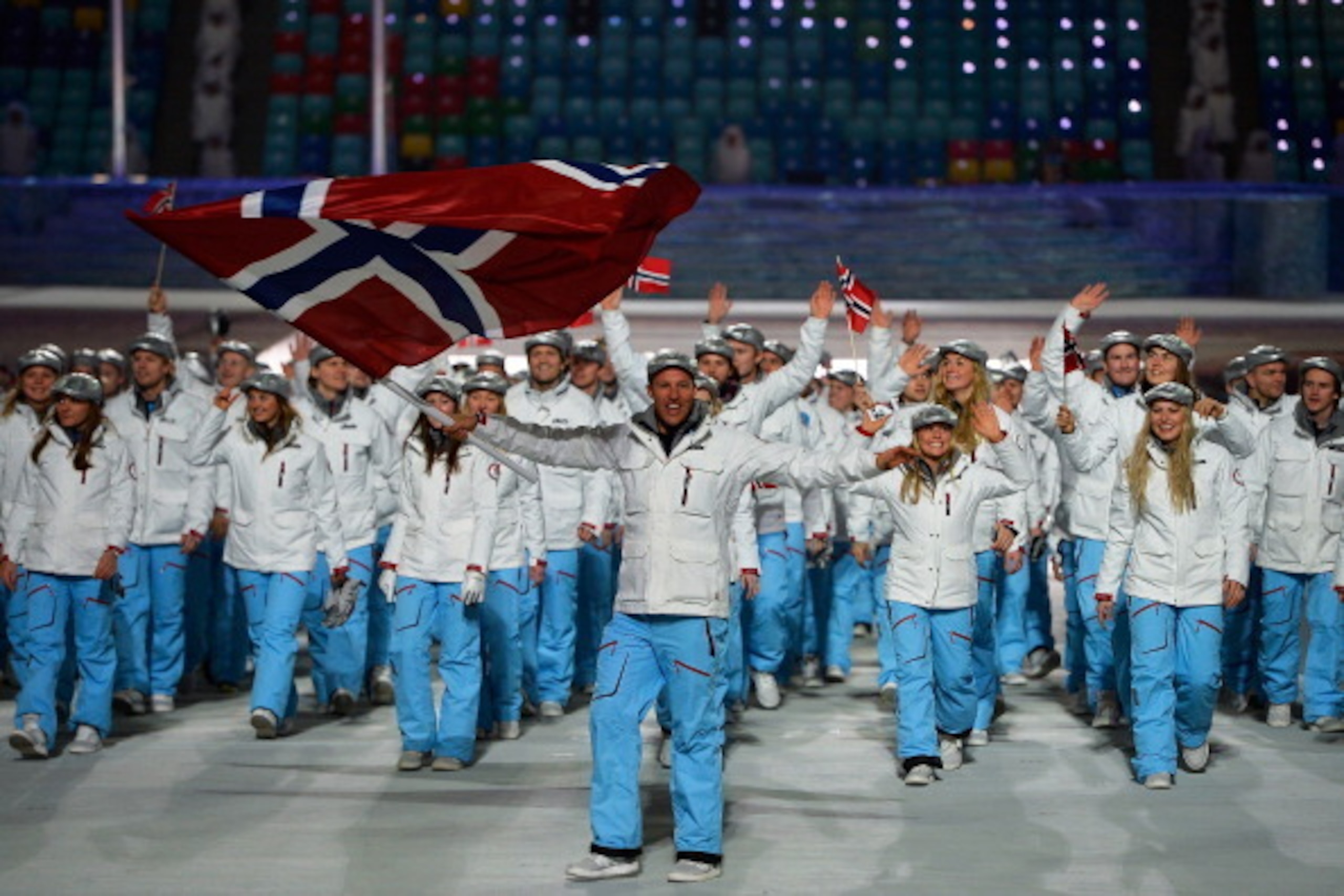 SOCHI, RUSSIA - FEBRUARY 07: Skier Aksel Lund Svindal of the Norway Olympic team carries his country's flag during the Opening Ceremony of the Sochi 2014 Winter Olympics at Fisht Olympic Stadium on February 7, 2014 in Sochi, Russia. (Photo by Pascal Le S SOCHI, RUSSIA - FEBRUARY 07: Skier Aksel Lund Svindal of the Norway Olympic team carries his country's flag during the Opening Ceremony of the Sochi 2014 Winter Olympics at Fisht Olympic Stadium on February 7, 2014 in Sochi, Russia. (Photo by Pascal Le S