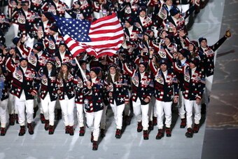 SOCHI, RUSSIA - FEBRUARY 07:  Nordic combined skier Todd Lodwick of the United States Olympic team carries his country's flag during the Opening Ceremony of the Sochi 2014 Winter Olympics at Fisht Olympic Stadium on February 7, 2014 in Sochi, Russia.  (Ph