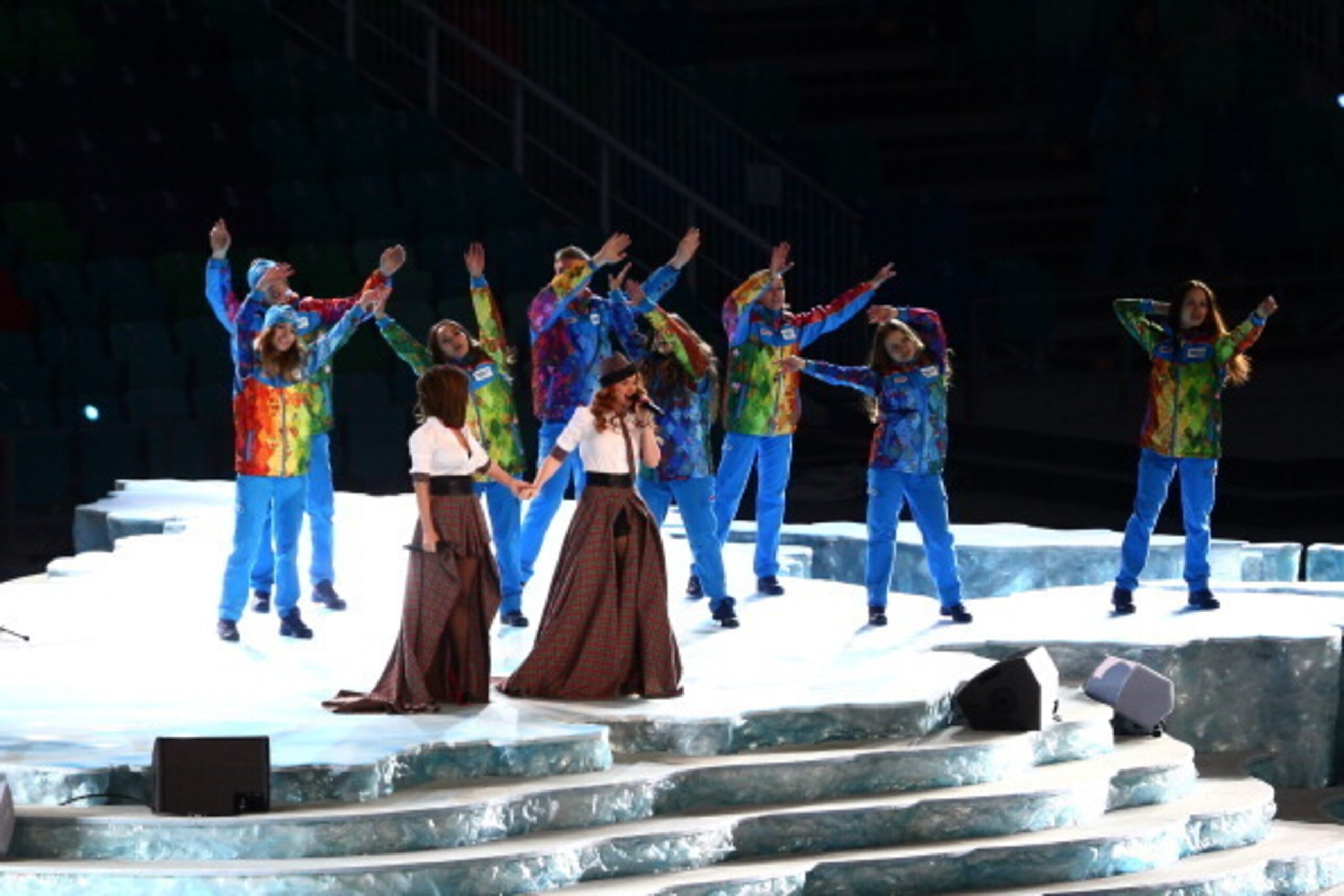 SOCHI, RUSSIA - FEBRUARY 07:  Julia Volkova and Lena Katina of t.A.T.u perform during the Opening Ceremony of the Sochi 2014 Winter Olympics at Fisht Olympic Stadium on February 7, 2014 in Sochi, Russia.  (Photo by Clive Mason/Getty Images)