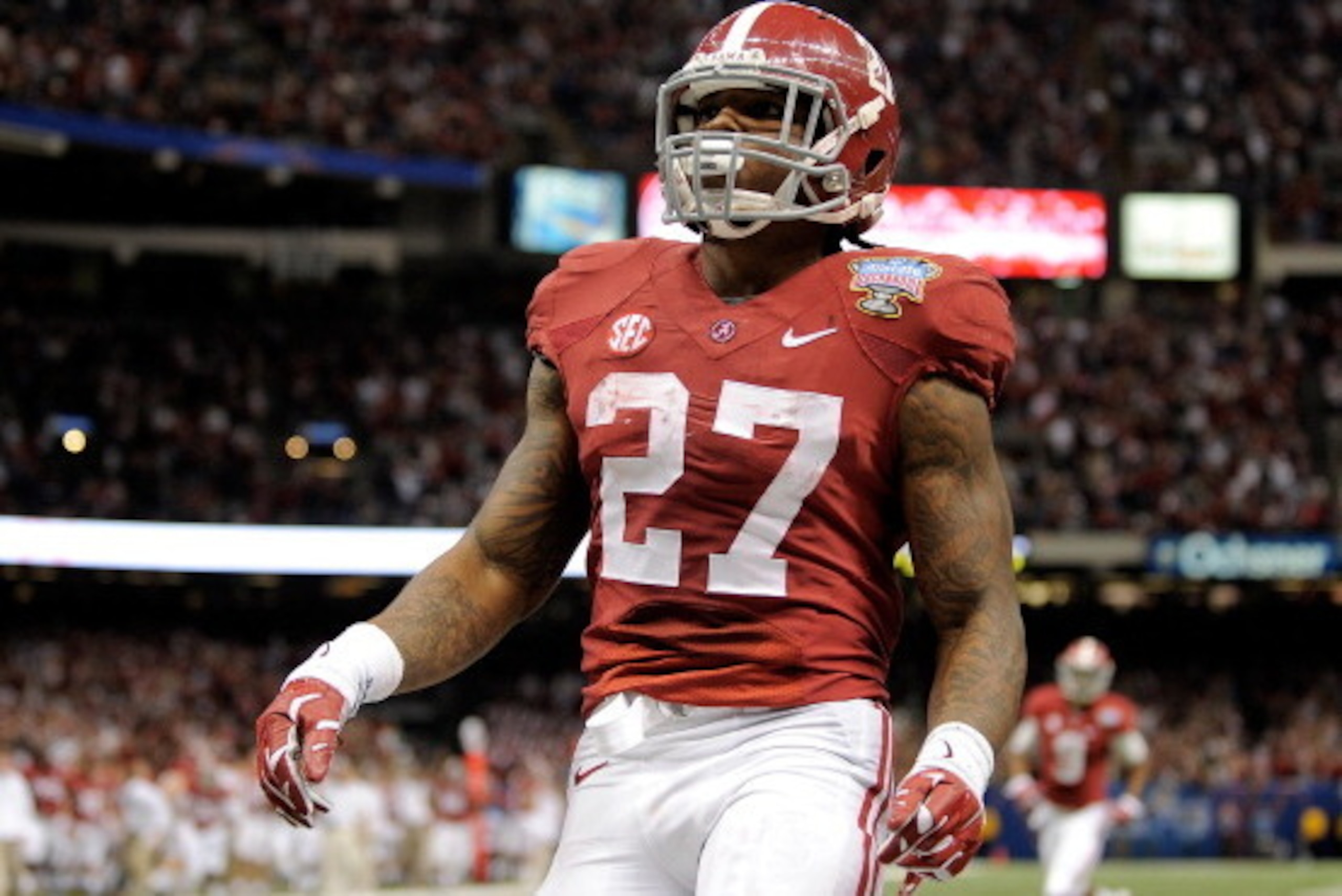 NEW ORLEANS, LA - JANUARY 02: Derrick Henry #27 of the Alabama Crimson Tide celebrates a touchdown against the Oklahoma Sooners during the Allstate Sugar Bowl at the Mercedes-Benz Superdome on January 2, 2014 in New Orleans, Louisiana. (Photo by Stacy R NEW ORLEANS, LA - JANUARY 02: Derrick Henry #27 of the Alabama Crimson Tide celebrates a touchdown against the Oklahoma Sooners during the Allstate Sugar Bowl at the Mercedes-Benz Superdome on January 2, 2014 in New Orleans, Louisiana. (Photo by Stacy R