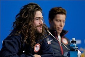 Feb 5, 2014; Krasnaya Polyana, RUSSIA; Danny  Davis, left, and Shaun White, right during the USA Snowboarding Halfpipe Press Conference at Gorki Media Center. Mandatory Credit: Andrew P. Scott-USA TODAY Sports