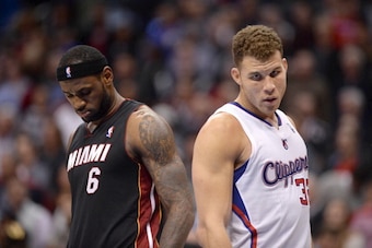 LOS ANGELES, CA - FEBRUARY 5: LeBron James #6 of the Miami Heat and Blake Griffin #32 of the Los Angeles Clippers look on at Staples Center on February 5, 2014 in Los Angeles, California. NOTE TO USER: User expressly acknowledges and agrees that, by downl