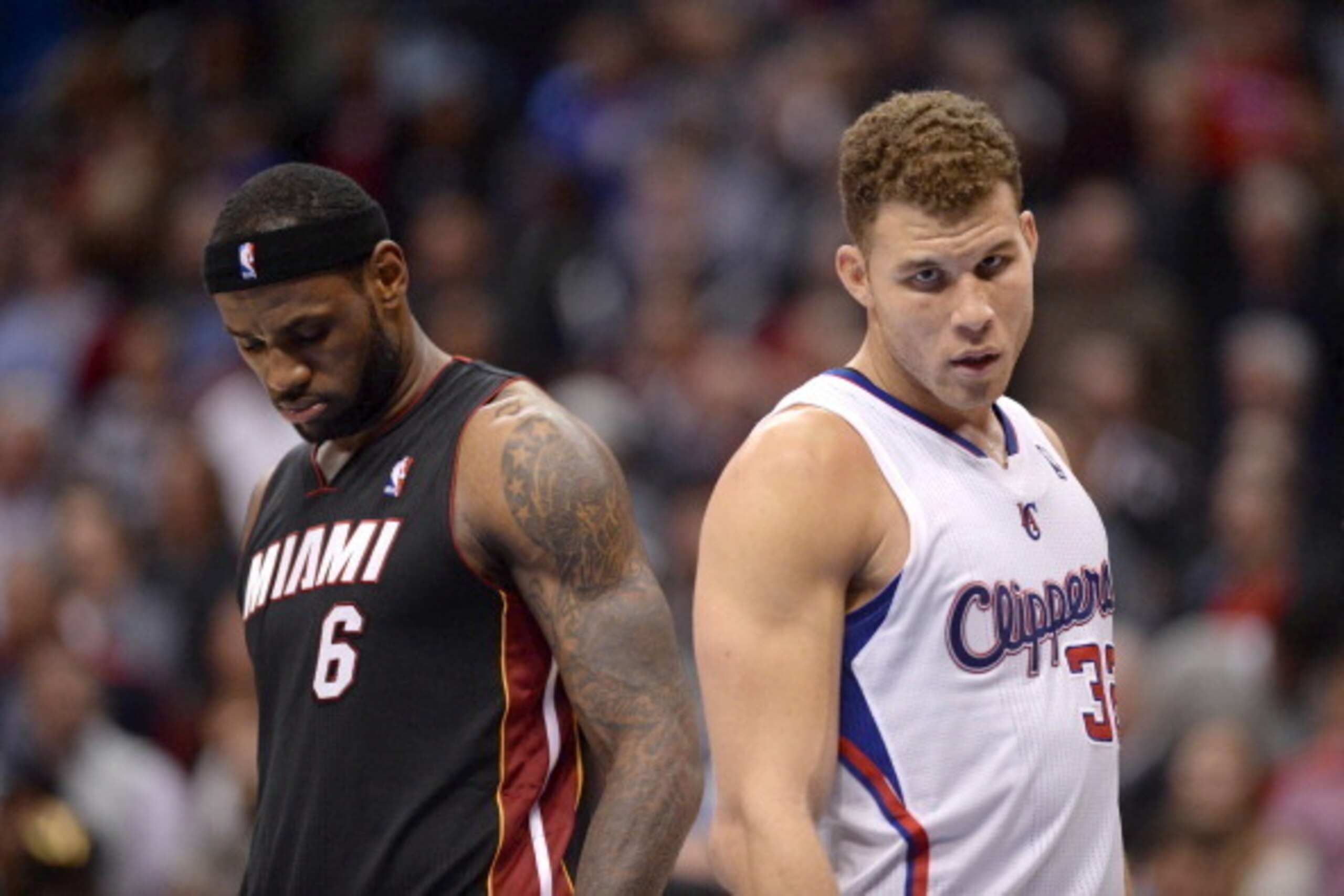 LOS ANGELES, CA - FEBRUARY 5: LeBron James #6 of the Miami Heat and Blake Griffin #32 of the Los Angeles Clippers look on at Staples Center on February 5, 2014 in Los Angeles, California. NOTE TO USER: User expressly acknowledges and agrees that, by downl