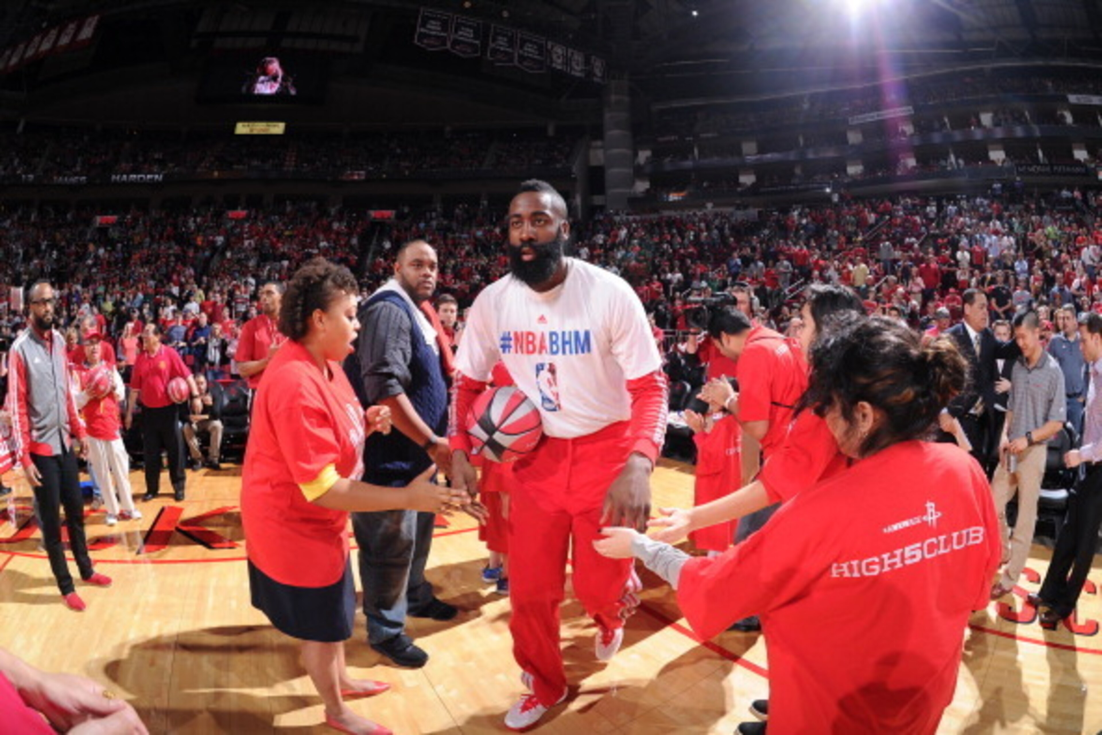 HOUSTON, TX - FEBRUARY 1:  James Harden #13 of the Houston Rockets is announced before the game against the Cleveland Cavaliers on February 1, 2014 at the Toyota Center in Houston, Texas. NOTE TO USER: User expressly acknowledges and agrees that, by downl