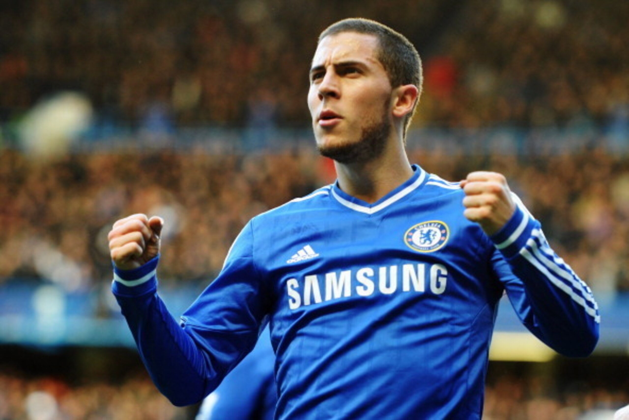 LONDON, ENGLAND - FEBRUARY 08:  Eden Hazard of Chelsea celebrates scoring during the Barclays Premier League match between Cheslea and Newcastle United at Stamford Bridge on February 8, 2014 in London, England.  (Photo by Mike Hewitt/Getty Images)