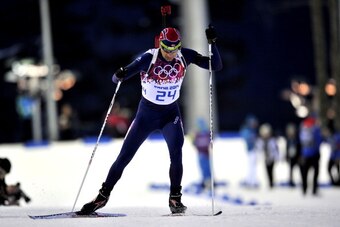 SOCHI, RUSSIA - FEBRUARY 08: (FRANCE OUT) Ole Einar Bjoerndalen of Norway takes 1st place during the Biathlon Men's 10km Sprint at the Laura Cross-country Ski & Biathlon Center on February 08, 2014 in Sochi, Russia. (Photo by Vianney Thibaut/Agence Zoom/G