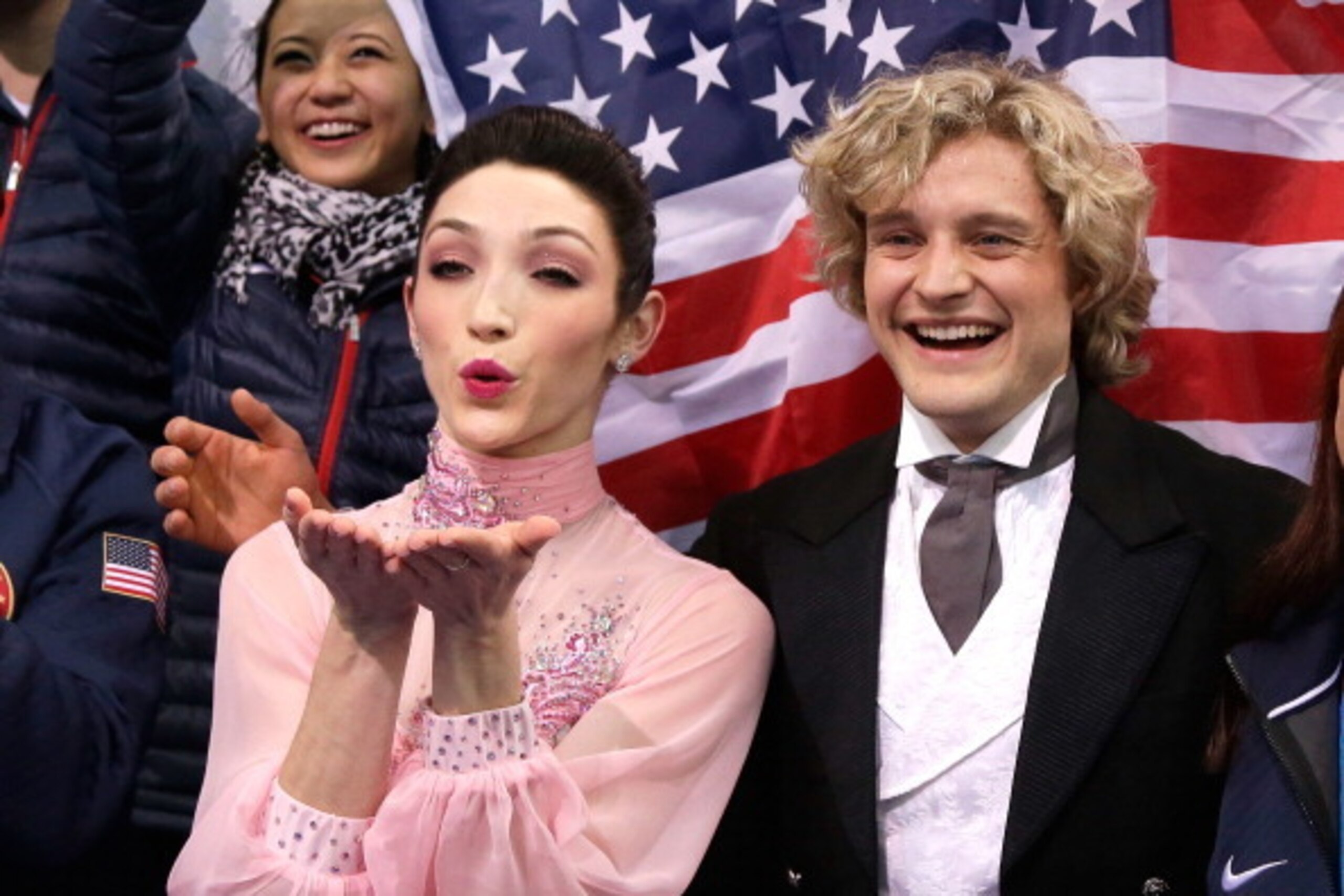 SOCHI, RUSSIA - FEBRUARY 08: Meryl Davis and Charlie White of the United States wait for their score during the Figure Skating Team Ice Dance - Short Dance during day one of the Sochi 2014 Winter Olympics at Iceberg Skating Palace on February 8, 2014 in SOCHI, RUSSIA - FEBRUARY 08: Meryl Davis and Charlie White of the United States wait for their score during the Figure Skating Team Ice Dance - Short Dance during day one of the Sochi 2014 Winter Olympics at Iceberg Skating Palace on February 8, 2014 in