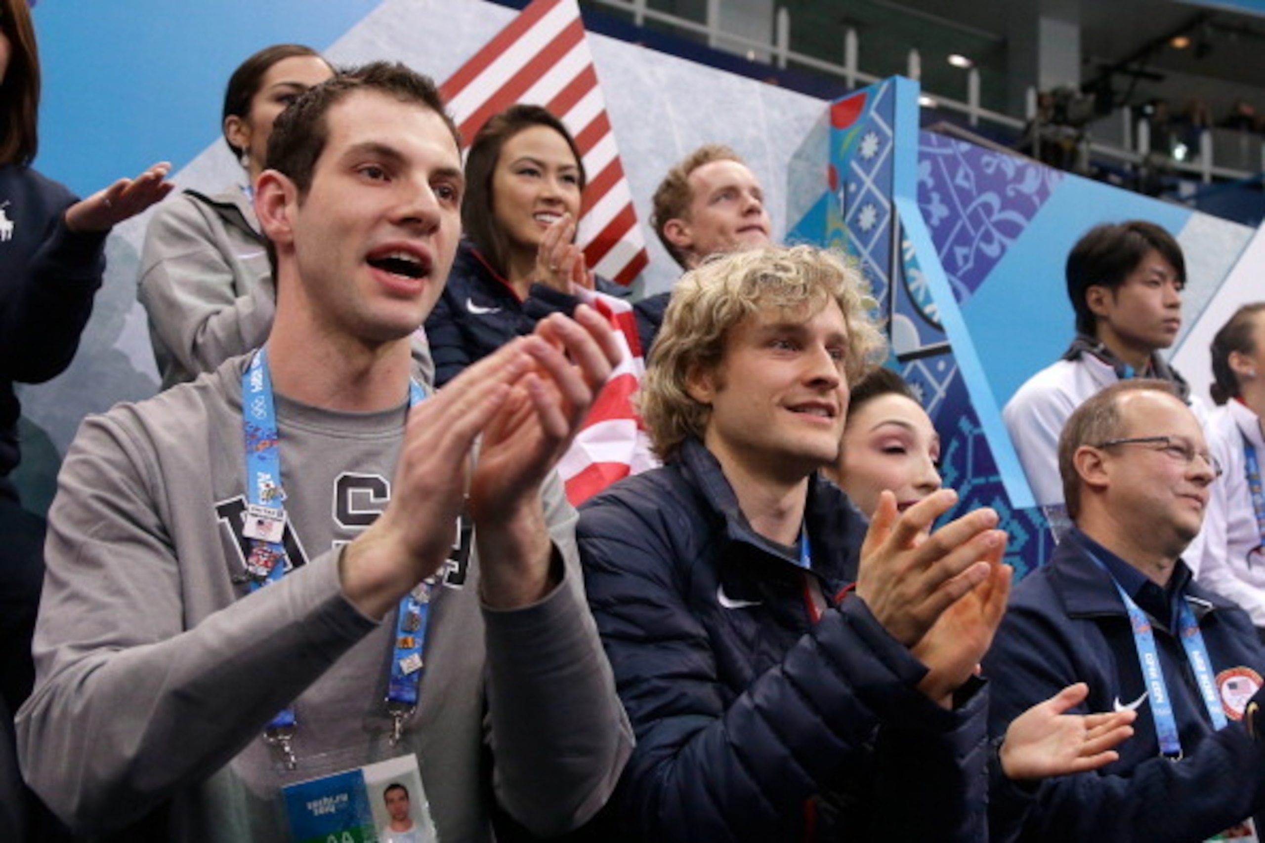 SOCHI, RUSSIA - FEBRUARY 08: (Front L-R) Figure skaters Simon Shnapir, Charlie White, Meryl Davis, (back L-R) Madison Chock and Evan Bates cheer as teammate Ashley Wagner of the United States competes in the Figure Skating Team Ladies Short Program during SOCHI, RUSSIA - FEBRUARY 08: (Front L-R) Figure skaters Simon Shnapir, Charlie White, Meryl Davis, (back L-R) Madison Chock and Evan Bates cheer as teammate Ashley Wagner of the United States competes in the Figure Skating Team Ladies Short Program during
