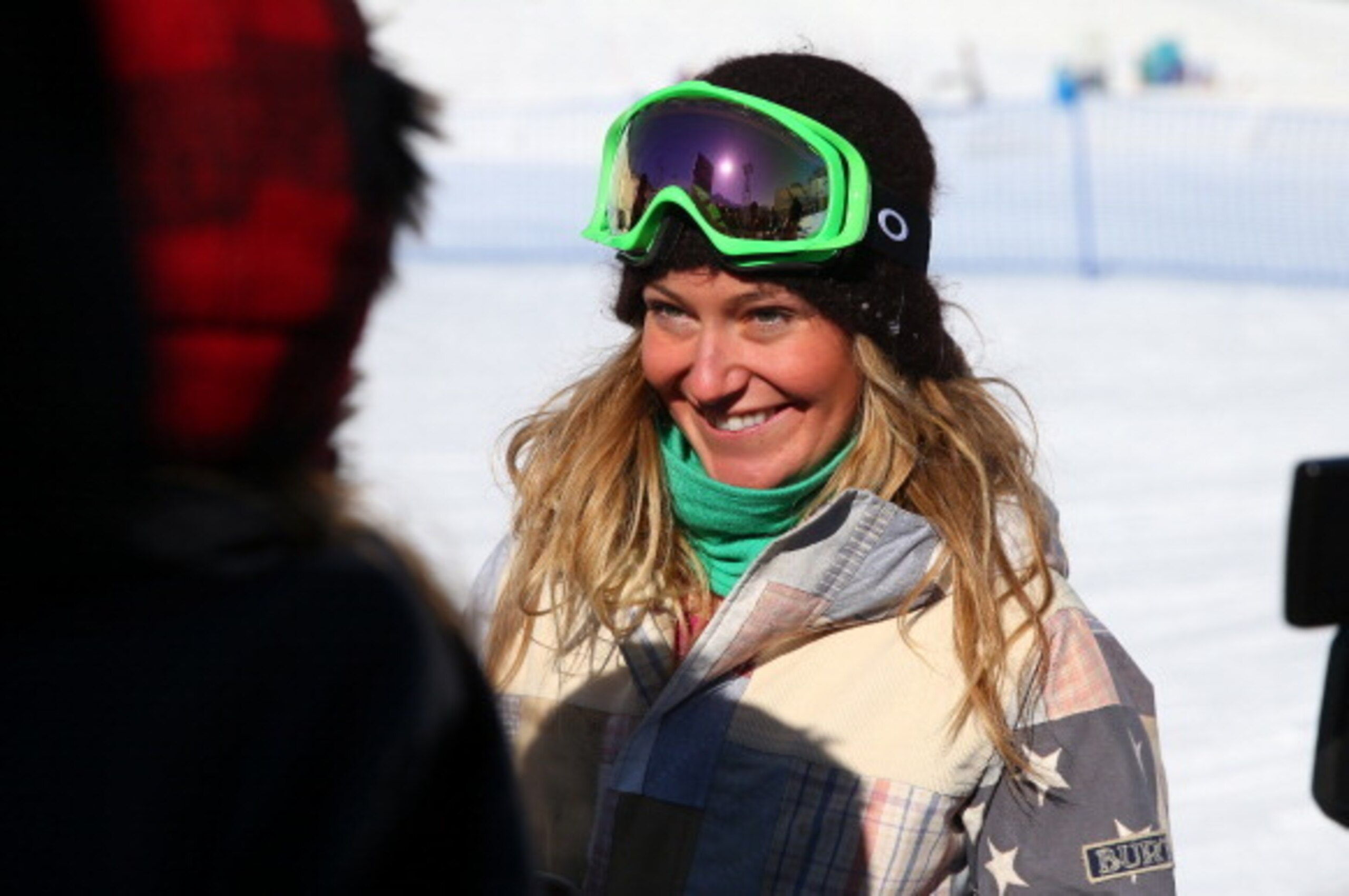 SOCHI, RUSSIA - FEBRUARY 04:  Jamie Anderson of USA talks to the media after a Slopestyle training session at Rosa Khutor Extreme Park prior to the Sochi 2014 Winter Olympics at the Mountain Cluster on February 4, 2014 in Sochi, Russia.  (Photo by Julian 