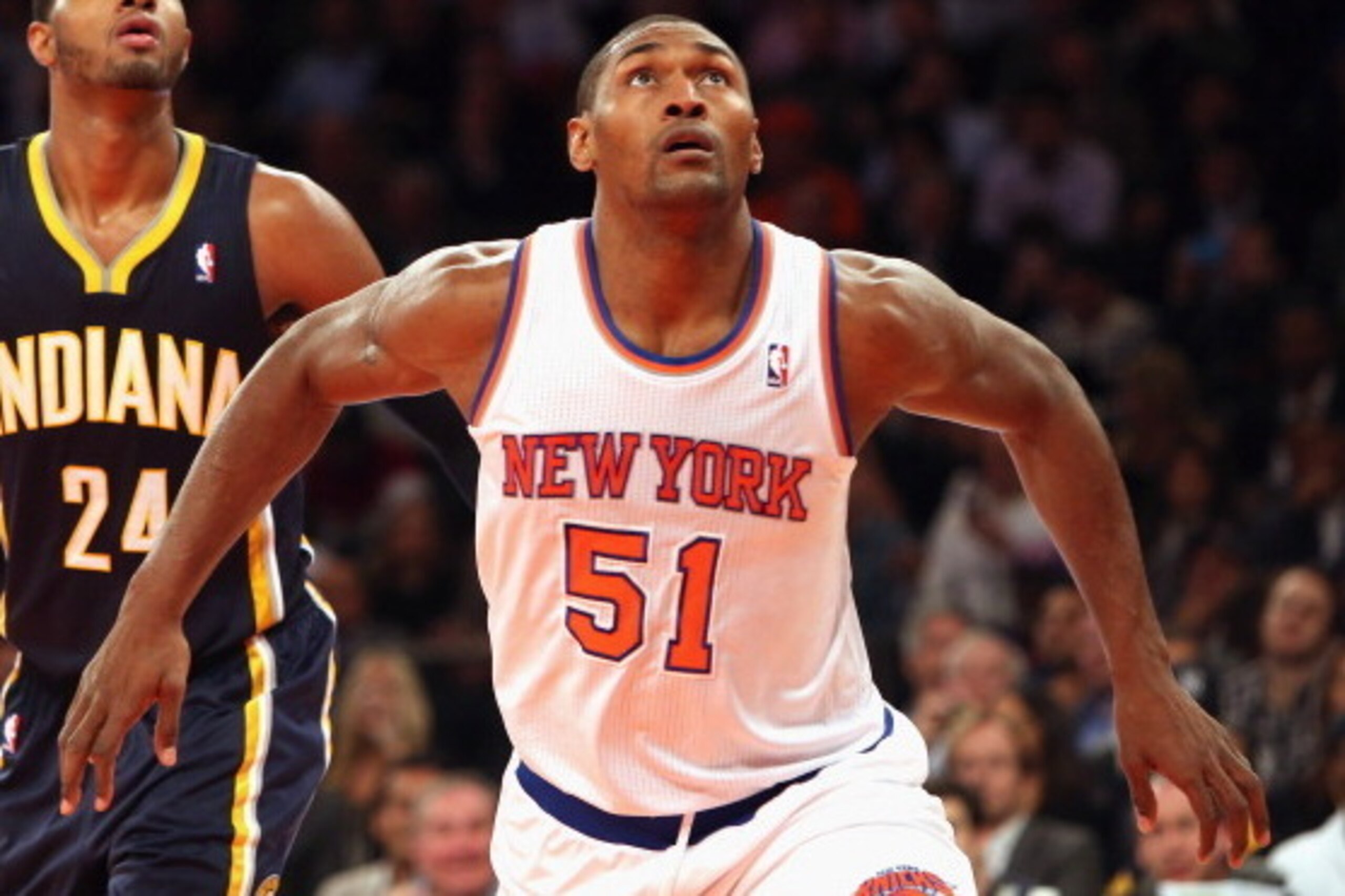 NEW YORK, NY - NOVEMBER 20: Metta World Peace #51 of the New York Knicks plays against the Indiana Pacers at Madison Square Garden on November 20, 2013 in New York City. NOTE TO USER: User expressly acknowledges and agrees that, by downloading and or usin