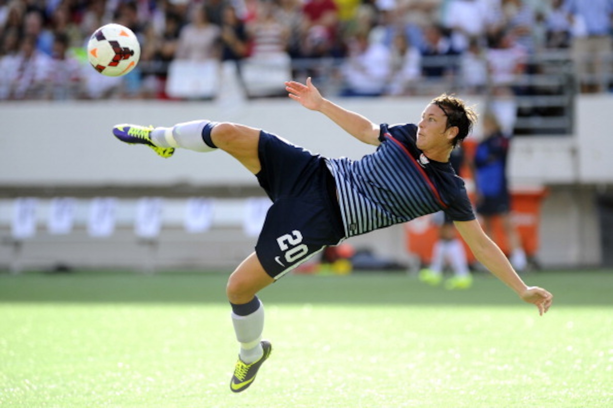 ORLANDO, FL - NOVEMBER 10: Forward Abby Wambach #20 of the U.S. Women's National Team takes a shot on goal while warming up before the start of their game against Brazil on November 10, 2013 at Florida Citrus Bowl Stadium in Orlando, Florida.  (Photo by B