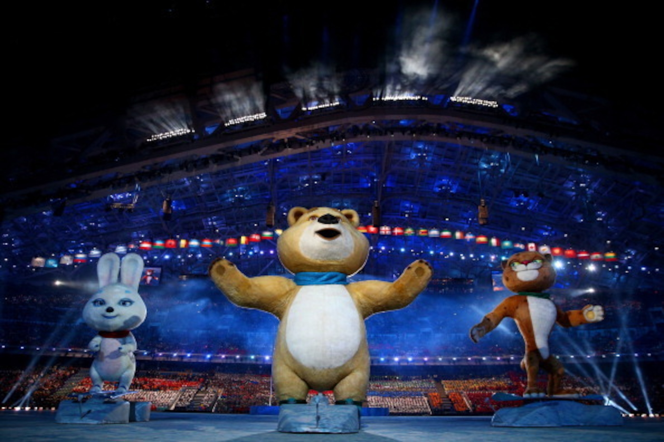 SOCHI, RUSSIA - FEBRUARY 07:  Olympic mascots the Hare, the Polar Bear and the Leopard wave during the Opening Ceremony of the Sochi 2014 Winter Olympics at Fisht Olympic Stadium on February 7, 2014 in Sochi, Russia.  (Photo by Paul Gilham/Getty Images)