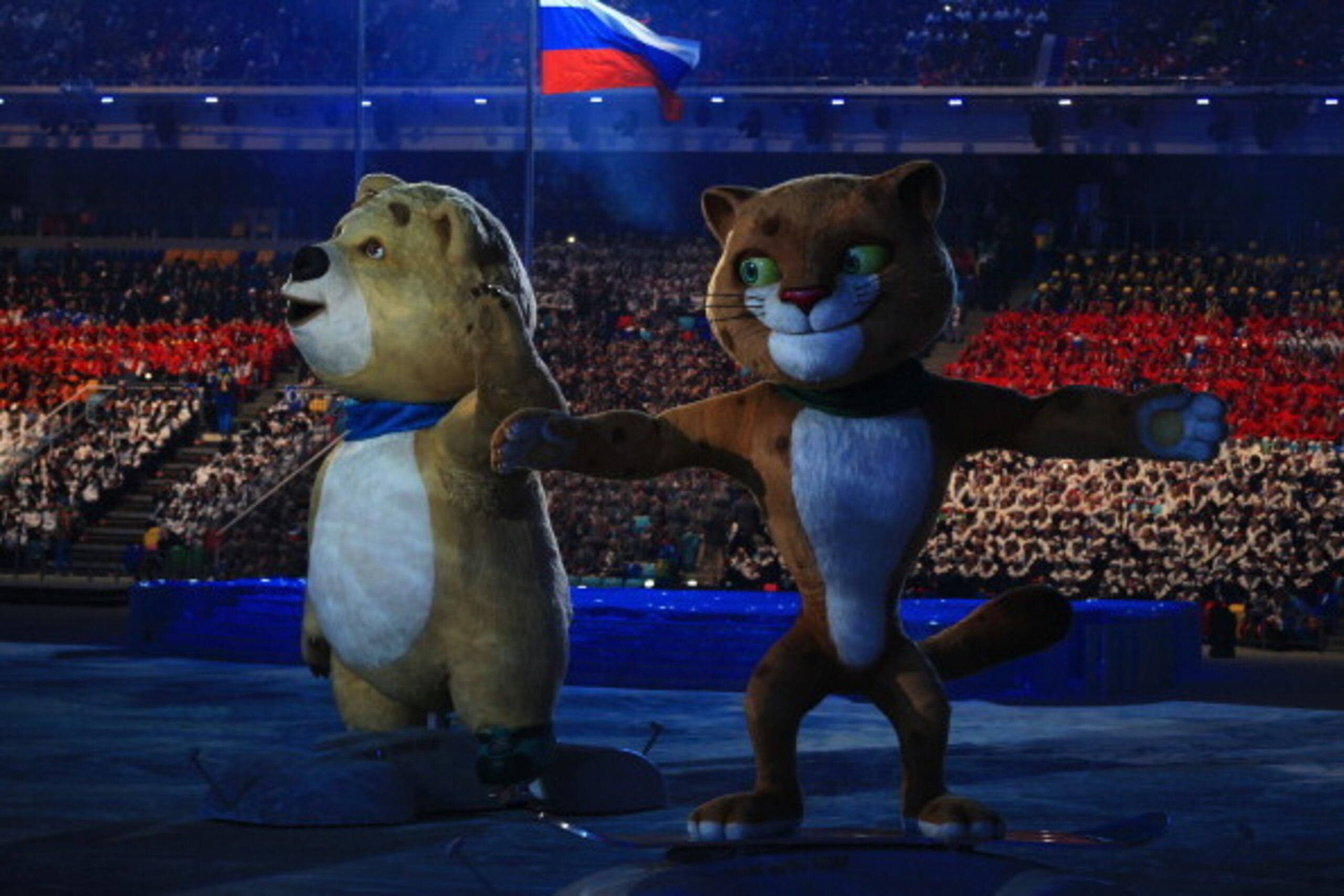 SOCHI, RUSSIA - FEBRUARY 07:  Olympic mascots the Polar Bear and the Leopard wave during the Opening Ceremony of the Sochi 2014 Winter Olympics at Fisht Olympic Stadium on February 7, 2014 in Sochi, Russia.  (Photo by Richard Heathcote/Getty Images)