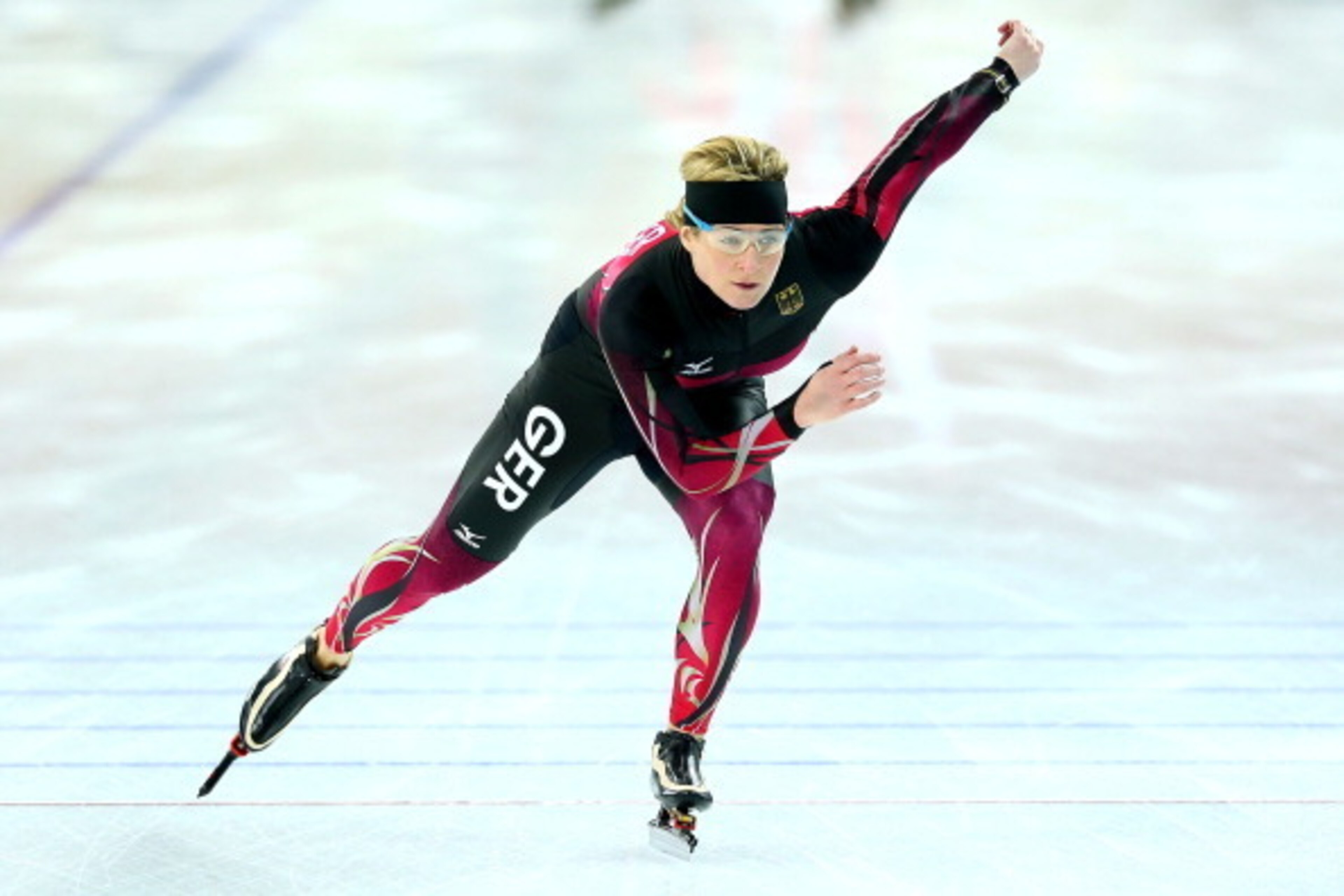 SOCHI, RUSSIA - FEBRUARY 03:  Speed skater Claudia Pechstein of Germany practices during a training session ahead of the Sochi 2014 Winter Olympics at Adler Arena Skating Center on February 3, 2014 in Sochi, Russia.  (Photo by Quinn Rooney/Getty Images)