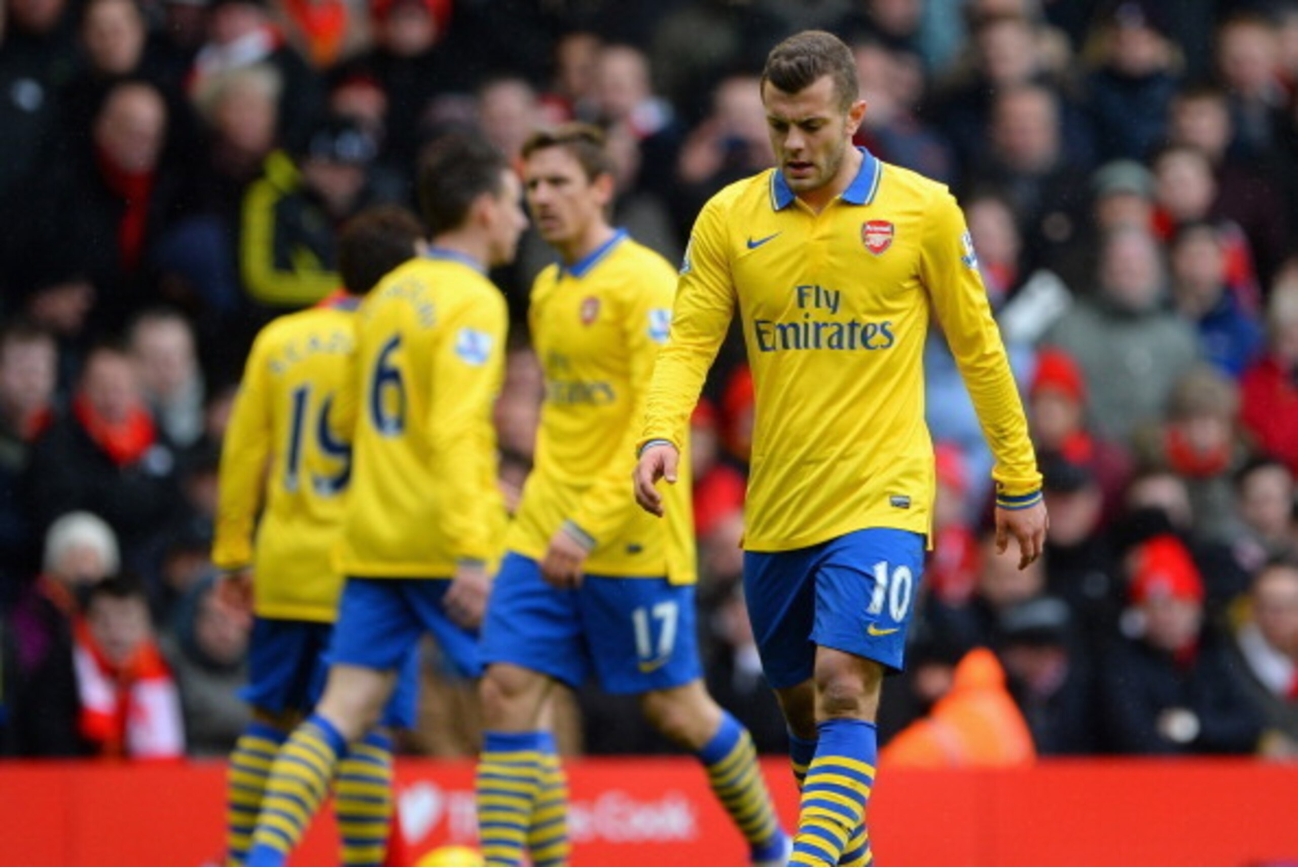 LIVERPOOL, ENGLAND - FEBRUARY 08:  Jack Wilshere of Arsenal looks dejected during the Barclays Premier League match between Liverpool and Arsenal at Anfield on February 8, 2014 in Liverpool, England.  (Photo by Michael Regan/Getty Images)