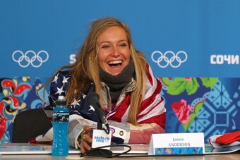 SOCHI, RUSSIA - FEBRUARY 09:  Gold medalist Jamie Anderson of the United States talks to the media at a press conference following the Women's Snowboard Slopestyle Finals during day two of the Sochi 2014 Winter Olympics at Rosa Khutor Extreme Park on Febr