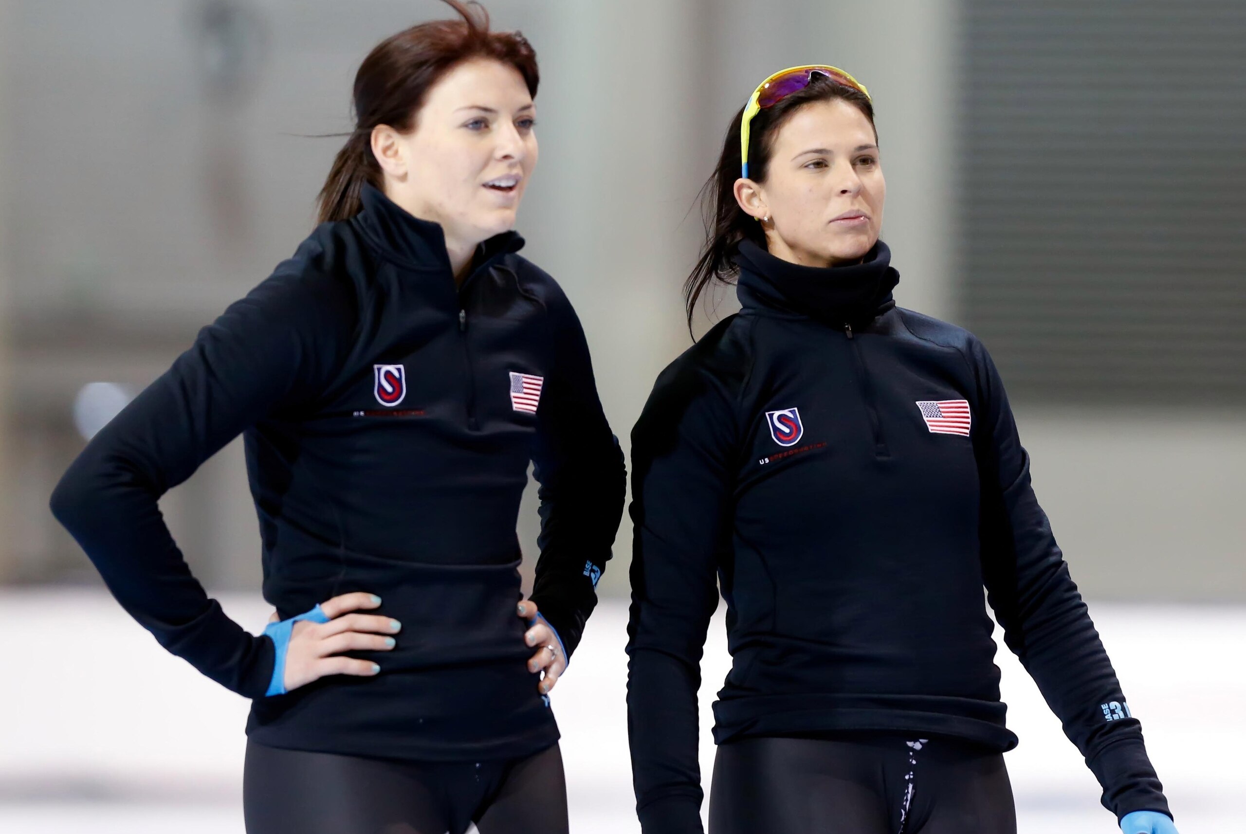 Dec 29, 2013; Kearns, UT, USA; Heather Richardson and Brittany Bowe talk during warm ups for the 1000m during the U.S. Olympic speedskating trials at Utah Olympic Oval. Mandatory Credit: Chris Nicoll-USA TODAY Sports Dec 29, 2013; Kearns, UT, USA; Heather Richardson and Brittany Bowe talk during warm ups for the 1000m during the U.S. Olympic speedskating trials at Utah Olympic Oval. Mandatory Credit: Chris Nicoll-USA TODAY Sports