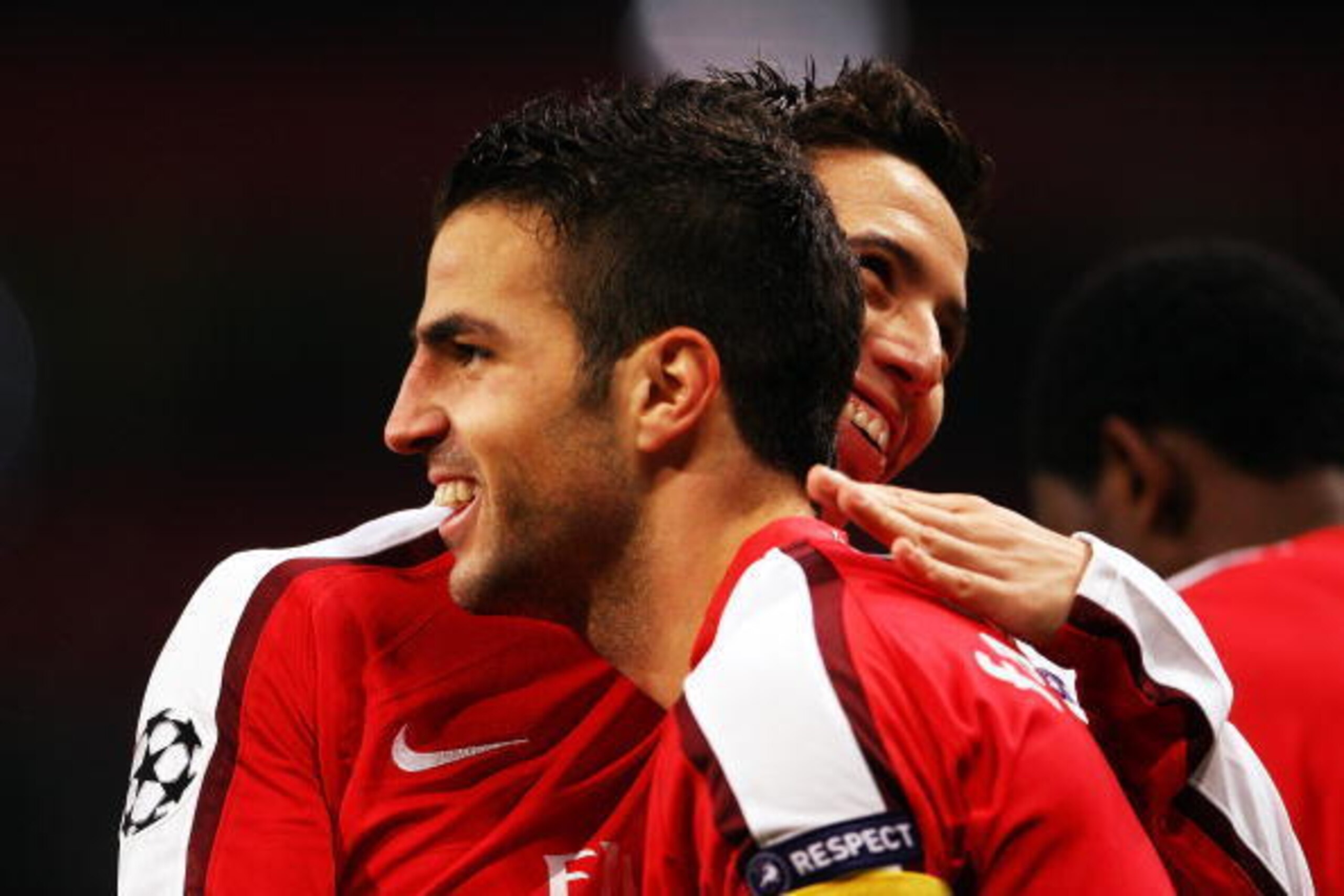 LONDON, ENGLAND - NOVEMBER 04:  Cesc Fabregas of Arsenal celebrates scoring his second and the teams the third goal of the game with Samir Nasri during the UEFA Champions League Group H match between Arsenal and AZ Alkmaar at the Emirates Stadium on Novem