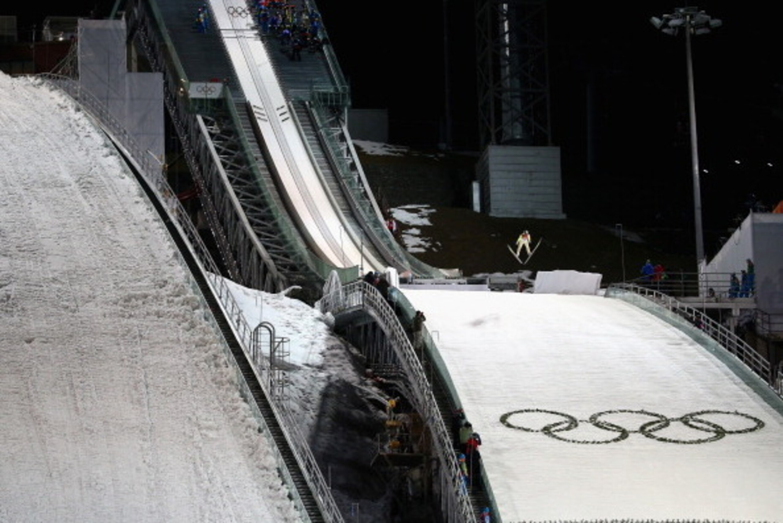 SOCHI, RUSSIA - FEBRUARY 09:  A general view during the Men's Normal Hill Individual Ski Jumping Final on day 2 of the Sochi 2014 Winter Olympics at RusSki Gorki Jumping Center on February 9, 2014 in Sochi, Russia.  (Photo by Ryan Pierse/Getty Images)